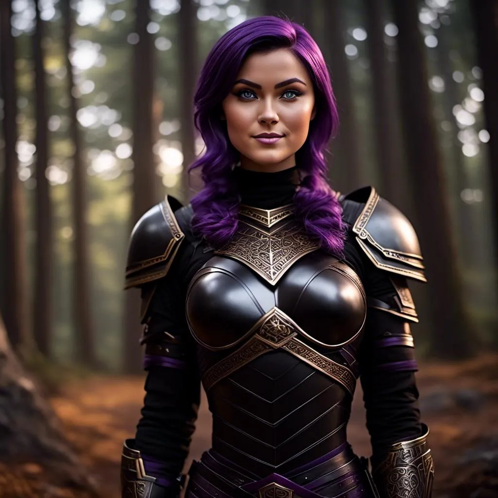 Prompt: <mymodel>25-year-old viking woman, subtle smile, light blue eyes, black gear, bright black armor, wearing an iron-man like suit of armor, black textures and highlights, standing in the forest, short focus, blurry background, unreal engine 8k octane, 3d lighting, full body, full armor