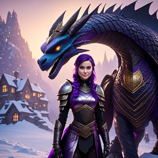 Prompt: Photo of <mymodel> standing next to her ((black)) razorwhip dragon from How to Train Your Dragon in the snow