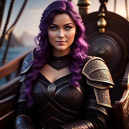 Prompt: <mymodel>25-year-old viking woman, subtle smile, light blue eyes, black gear, bright black armor, black textures and highlights, sitting in the hull of a viking ship, blurry background, unreal engine 8k octane, 3d lighting, full body, full armor