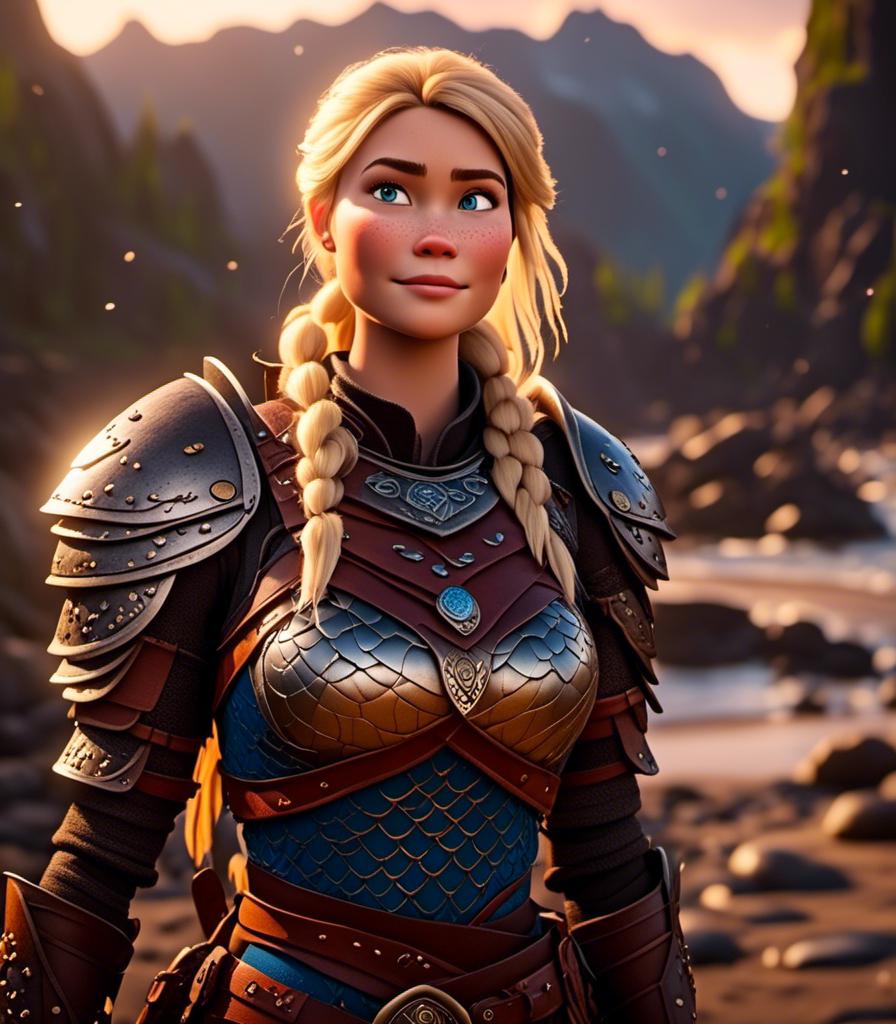 Prompt: <mymodel>CGI Animation, digital art, 20-year-old-old viking woman with light blue eyes standing around several hot springs on a beach, sunset lighting, blue clothes, blue colored armor, blonde straight hair, subtle smile, unreal engine 8k octane, 3d lighting, cinematic lighting, camera shot of full armor from head to toe