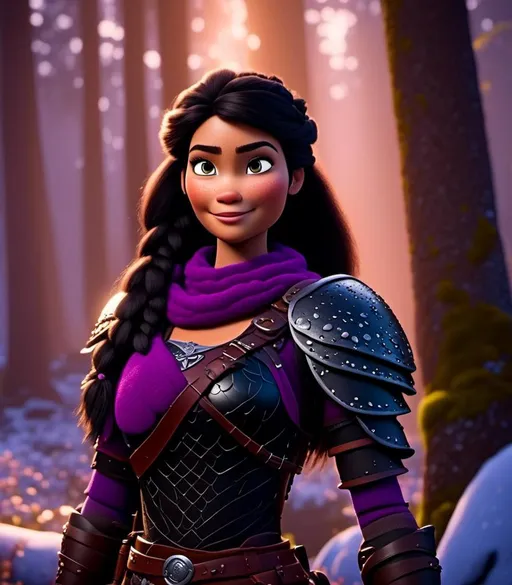 Prompt: <mymodel>CGI Animation, digital art, 20-year-old-old viking woman of royalty standing in a dimly lit forest with fog, light blue eyes, {{black gear, purple armor}}, black hair, single braid down her shoulder with a tiara, subtle smile, unreal engine 8k octane, 3d lighting, close up camera shot on the face, full armor