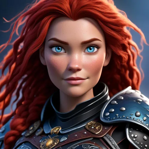 Prompt: <mymodel>CGI Animation of a viking woman of 40 years old, red hair with dreadlocks, blue eyes, all black gear and armor, leather highlights and textures, dragon scale textures and armor, intricate details, high quality, digital painting, cool tones, dramatic lighting