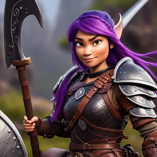 Prompt: <mymodel>Animated CGI style of a fierce ((Caucasian white)) Viking female about 25 years old, ((purple hair with a single braid)), detailed facial features, leather armor, battle axe and shield, intense and determined expression, dynamic and powerful pose, high definition, CGI, detailed armor, fierce female, Nordic designs, battle-ready, dynamic pose, professional lighting