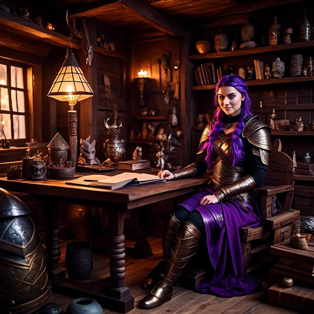 Prompt: Photo of <mymodel> with no armor casually relaxing sitting at a desk in her viking house