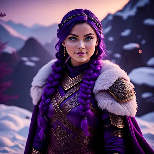 Prompt: A photo of <mymodel> with a heavy purple fur tunic in the snow, she has a single hair braid down her shoulder