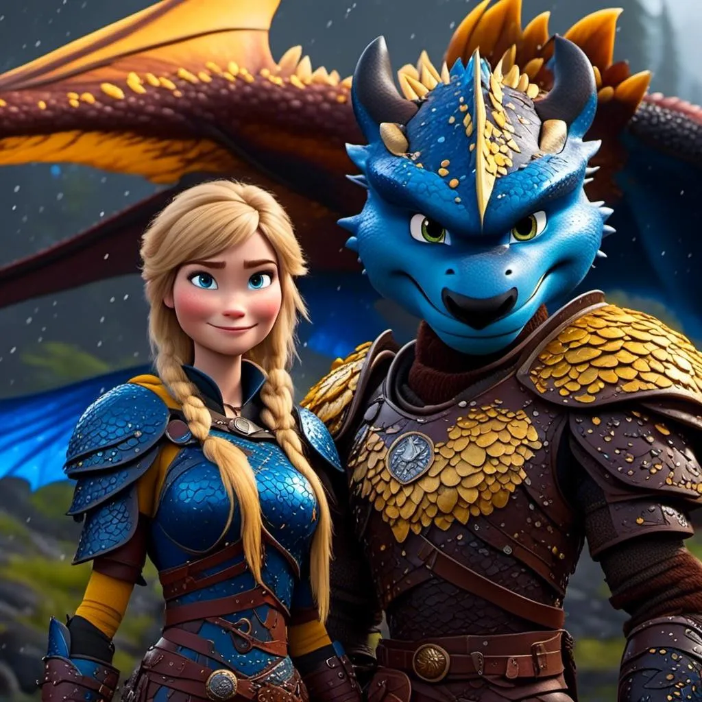 Prompt: <mymodel>CGi Animation, 20-year-old viking woman with blue eyes, a rainy scene, she is standing next to a bright blue dragon with gold highlights, they are both in the rain, the viking woman has a subtle smile, blonde hair, she has blue gear, gold armor, black pants, black boots, unreal engine 8k octane, 3d lighting, full body, full armor