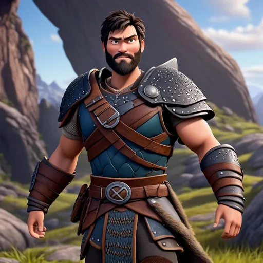 Prompt: <mymodel>Animated CGI style of a fierce ((Caucasian Viking male)) with black hair topknot with fade, intense gaze, realistic clothing textures, high quality, CGI, realistic, intense gaze, viking, male, Caucasian, detailed facial features, highres, professional, intense lighting