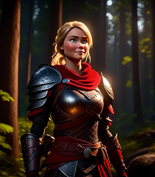 Prompt: <mymodel>CGI Animation, digital art, 20-year-old-old viking woman with light blue eyes standing in a dimly lit forest, blue assassin's creed clothes, red colored armor, blonde straight hair, subtle smile, unreal engine 8k octane, 3d lighting, cinematic lighting, camera shot of full armor from head to toe