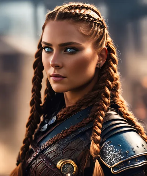 Prompt: she has red braided cornrow hair, create most beautiful fictional female viking warrior, red hair, blue eyes, brown leather battle gear, extremely detailed environment, detailed background, intricate, detailed skin, professionally color graded, photorealism, 8k, moody lighting