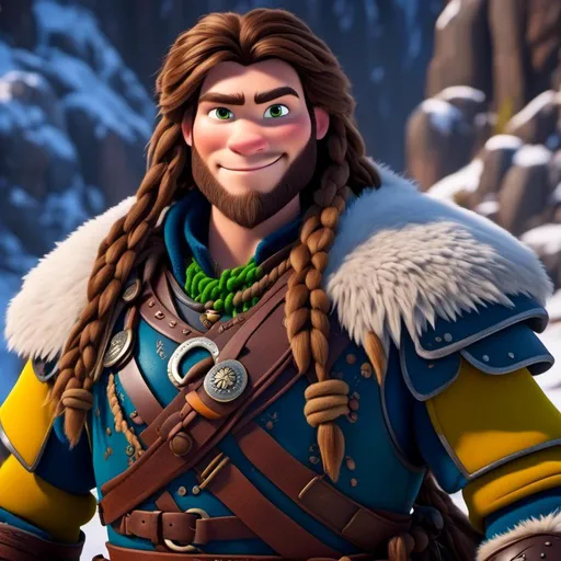 Prompt: <mymodel>CGI Animation, 20-year-old-old pirate man, a snowy scene, {{yellow gear, blue armor}}, brown hair, dreadlocks, subtle smile, beads hair, multiple braids, yellow gear, straight hair, green eyes, bracelets, rings on fingers, mercenary gear, unreal engine 8k octane, 3d lighting, close up camera shot on the face, full armor