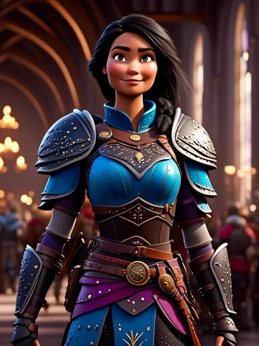 Prompt: <mymodel>CGI Animation, digital art, 20-year-old-old viking woman of royalty standing in The Great Hall on the Isle of Berk, light blue eyes, {{black gear, purple armor}}, black hair, single braid down her shoulder with a tiara, subtle smile, unreal engine 8k octane, 3d lighting, close up camera shot on the face, full armor