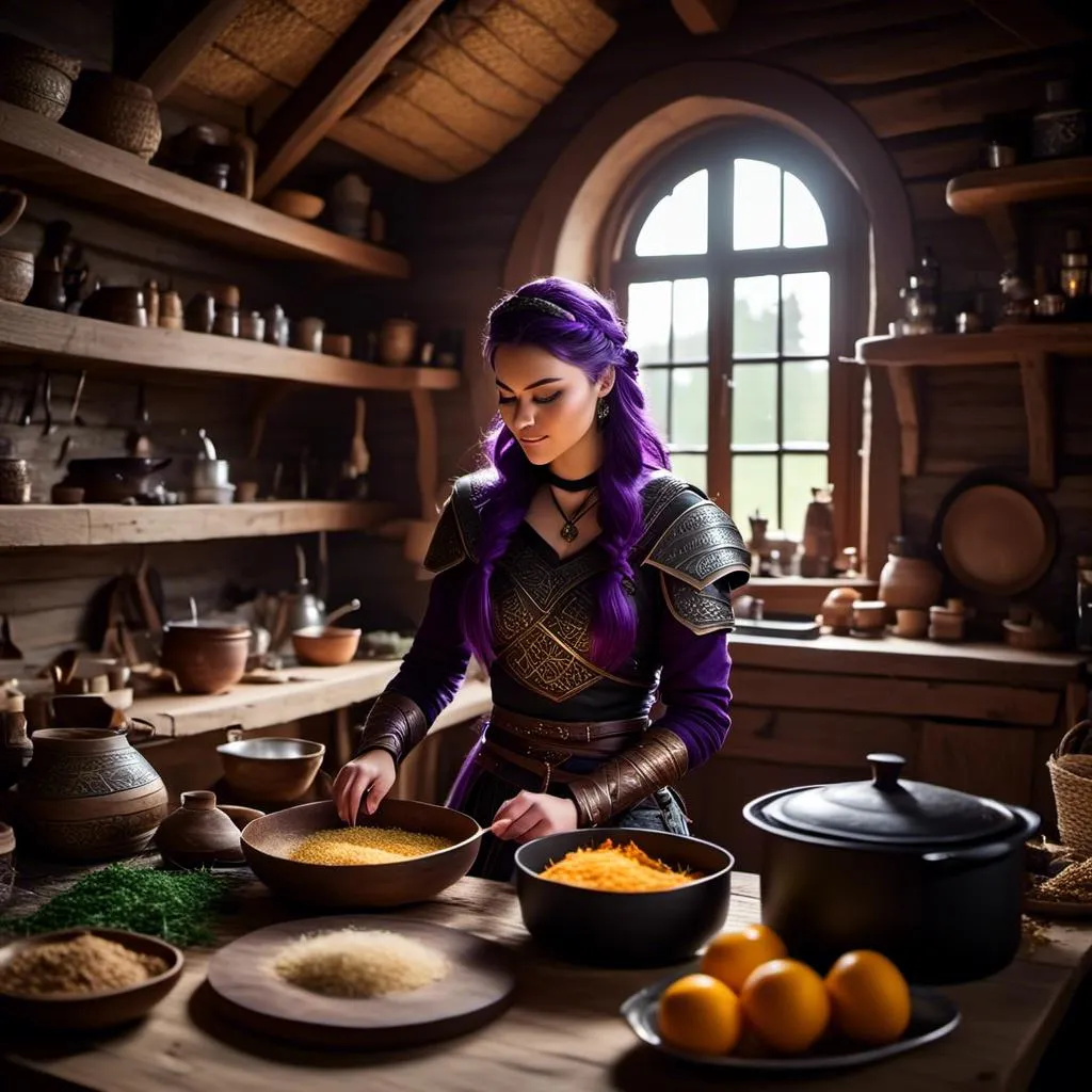 Prompt: Photo of <mymodel> working in the kitchen preparing food in her viking house