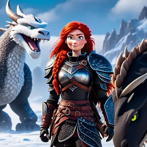 Prompt: <mymodel>High-quality CGI animation of a 40-year-old viking woman with red hair, wearing black gear and armor, standing on a snowy plain with a white dragon. White dragon with light blue highlights, woman with dreadlocks and braids, light blue eyes, snowy landscape, detailed visual effects, fantasy, snowy setting, cool tones, detailed character design, professional CGI, dramatic lighting, highres, detailed rendering