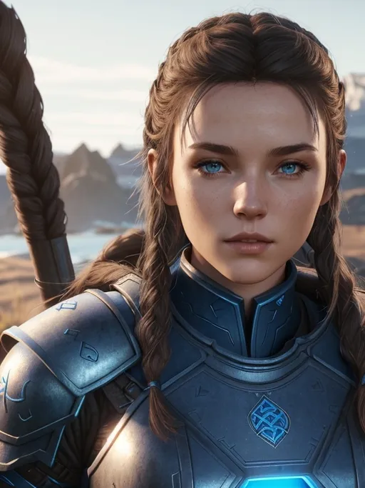 Prompt: Digital art, 18-year-old viking woman, blue gear, blue clothes, dark blue armor, brunette hair, two braids behind her back, dark brown eyes, unreal engine 8k octane, 3d lighting, full body, full armor
