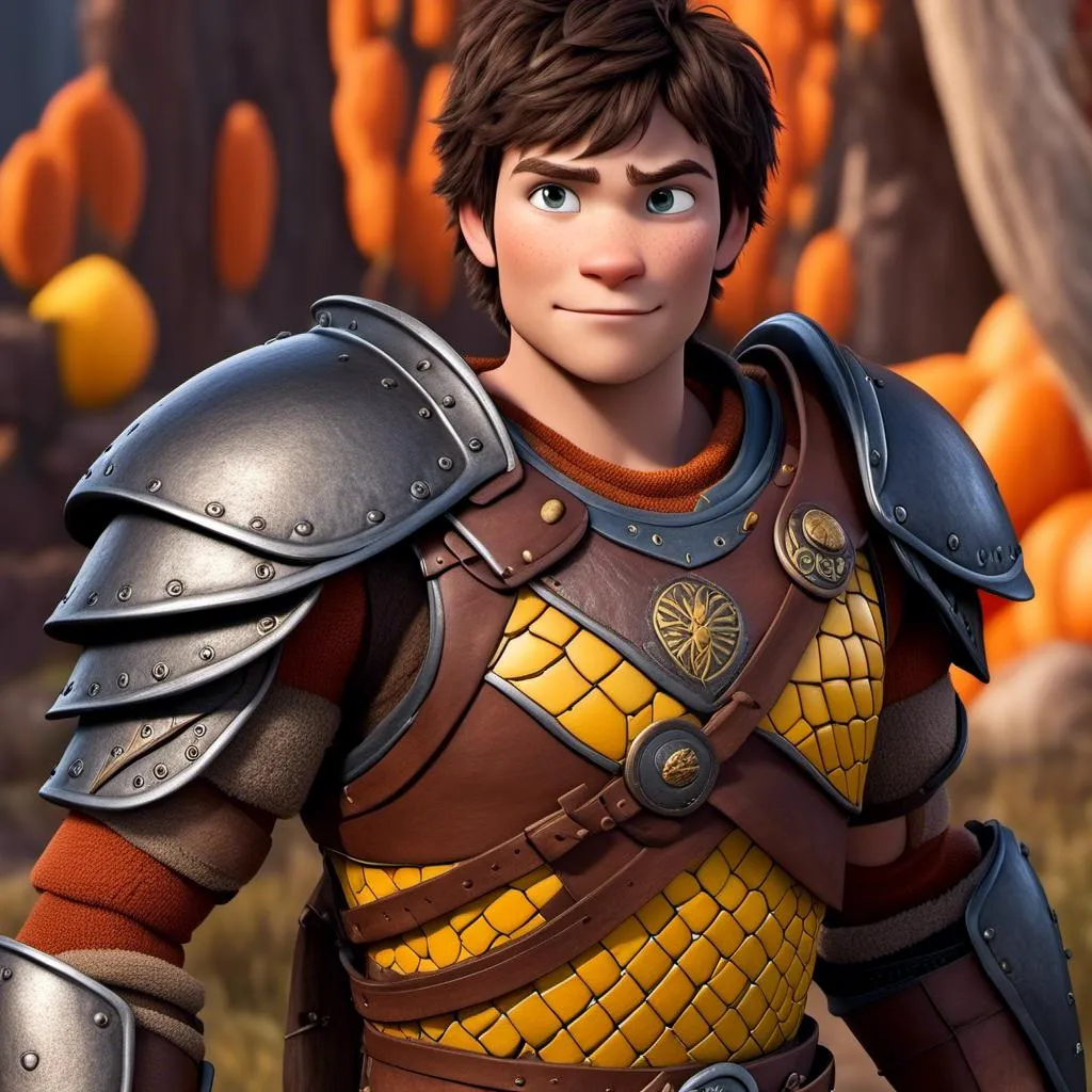 Prompt: <mymodel>Animated CGI style of a fierce 24-year-old Caucasian Viking with dark hair, light body build, intense gaze, realistic (yellow light armor) with highlights of orange textures, high quality, CGI, realistic, intense gaze, viking, male, Caucasian, detailed facial features, highres, professional, intense lighting