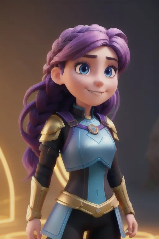 Prompt: Digital art, bright colors, subtle smile, 23-year-old woman viking, dark purple hair, one braid, light blue eyes, cut over left eye to on cheekbone, black gear, gold armor, unreal engine 8k octane, 3d lighting, full body, full armor