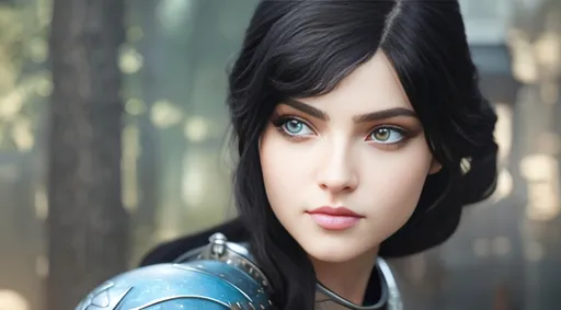 Prompt: she has black hair, create most beautiful fictional female viking princess warrior, black hair, light blue eyes, extremely detailed environment, detailed background, intricate, detailed skin, professionally color graded, photorealism, 8k, moody lighting