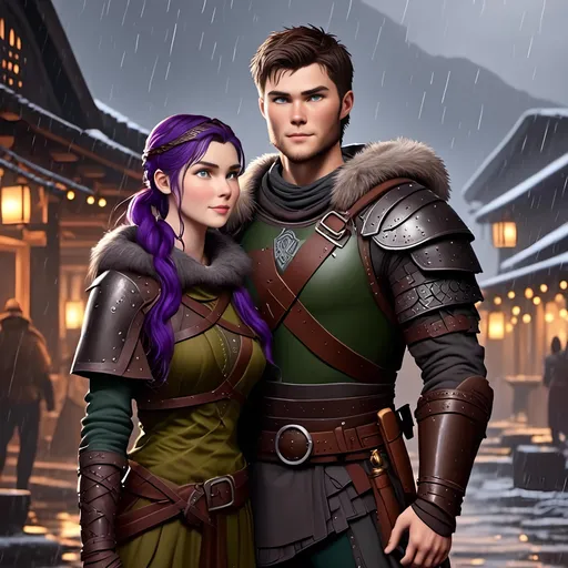 Prompt: <mymodel>{{{{Annabeth has gold armor and black gear}}}}, Photo of  standing in a viking village during heavy rain fall with his wife Annabeth, Annabeth is slightly shorter and has purple hair with a single hair braid down her shoulder, they are both in their early 30s, they are both wearing fur capes and fur hoods to keep warm