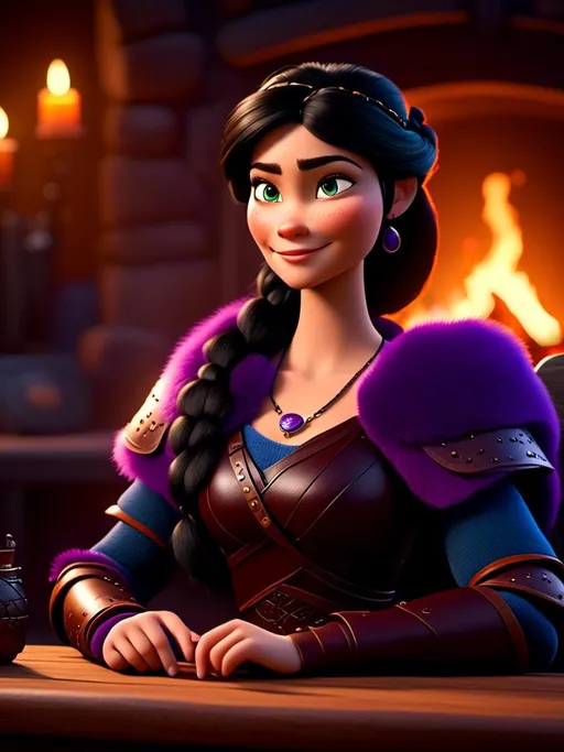 Prompt: <mymodel>CGI Animation, digital art, 20-year-old-old viking woman of royalty sitting at a desk in her home in the living room next to the fireplace, {{{blue eyes}}}, {{black gear, purple armor}}, black hair, single braid down her shoulder with a tiara, subtle smile, unreal engine 8k octane, 3d lighting, close up camera shot on the face, full armor