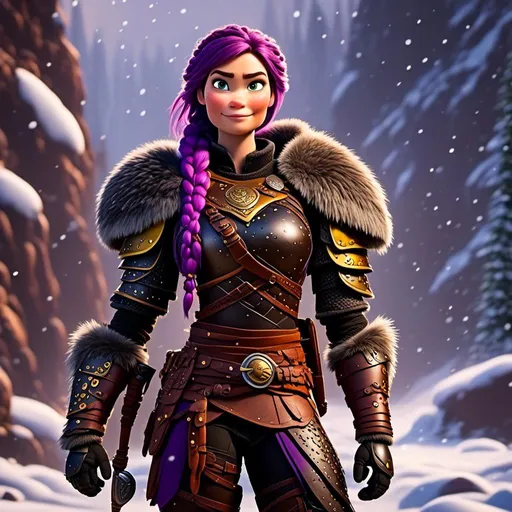 Prompt: Photo of <mymodel> standing in the snow, viking warrior, light blue eyes, purple hair, single braid down her shoulder, black gear, gold armor, black pants, gold boots