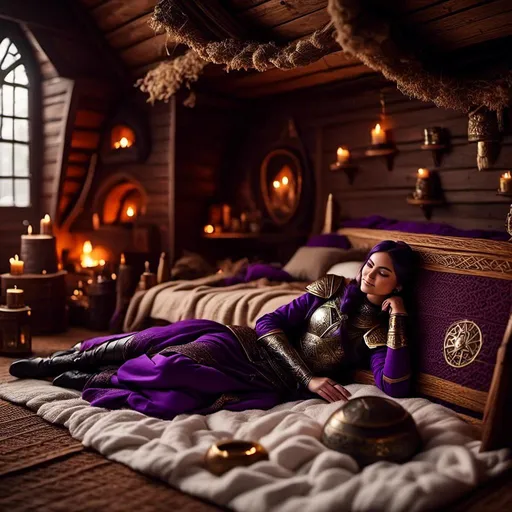 Prompt: Photo of <mymodel> lying down on her bed in her viking house