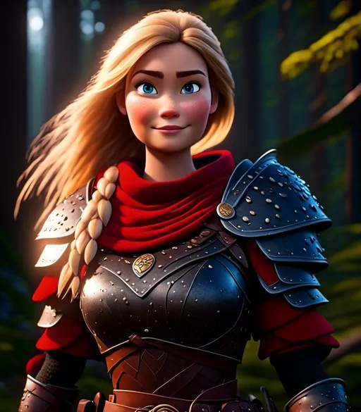 Prompt: <mymodel>CGI Animation, digital art, 20-year-old-old viking woman with light blue eyes standing in a dimly lit forest, blue clothes, red colored armor, blonde straight hair, subtle smile, unreal engine 8k octane, 3d lighting, cinematic lighting, camera shot of full armor from head to toe