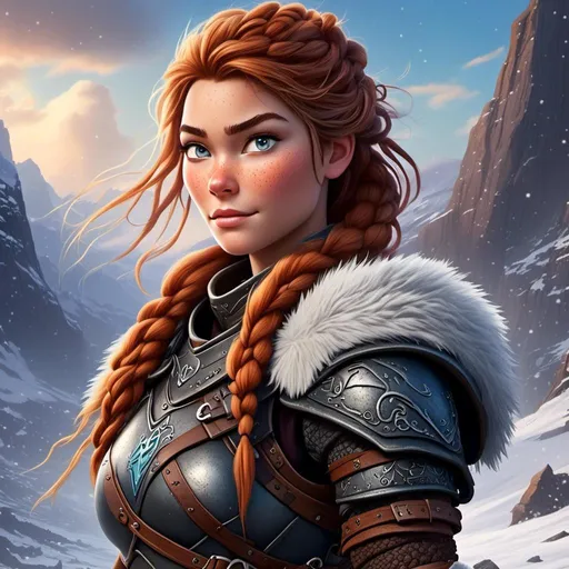 Prompt: <mymodel>digital art style of a fierce viking female warrior, detailed braided hair and battle scars, rugged and weathered armor, intense and determined gaze, snowy and rugged landscape, , fierce, warrior, detailed hair, battle scars, snowy landscape, intense gaze, weathered armor, dramatic lighting