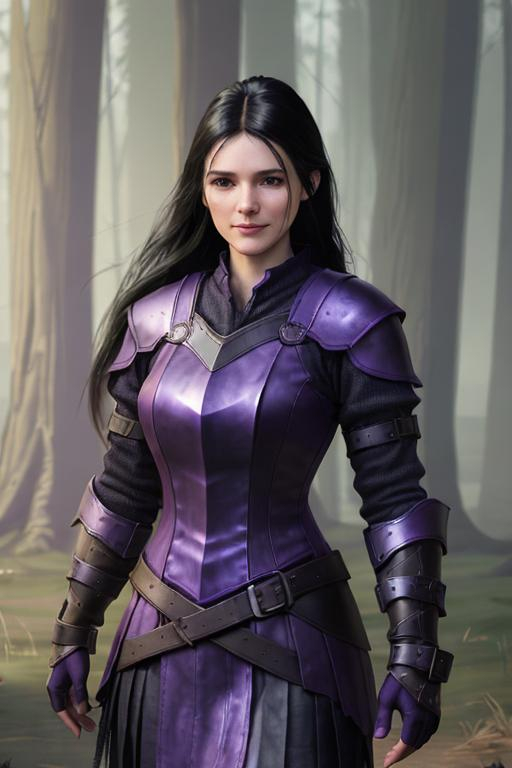 Prompt: Digital Art, 25-year-old viking woman, purple gear, purple clothes, subtle smile, black straight hair, dark purple eyes, a dark purple long-sleeve shirt, textured skirt down to knees, dark purple pants, dark purple armor, long black hair with volume, middle part in hair, leather boots, dark purple gear, unreal engine 64k octane, hdr, 3d lighting, full body, full armor