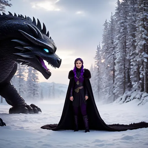 Prompt: Photo of <mymodel> standing next to her ((black)) razorwhip dragon from How to Train Your Dragon in the snow, she has light blue eyes, she is wearing a fur hood over her head, she is wearing a fur cape