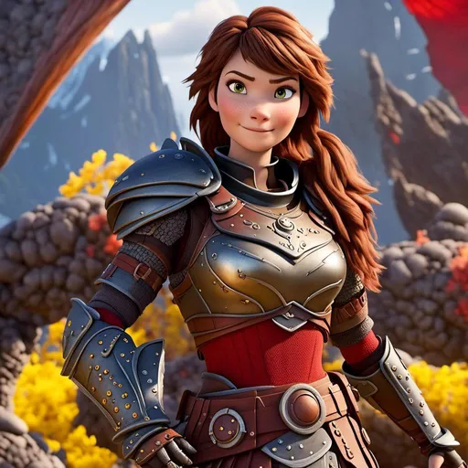 Prompt: <mymodel>CGI Animation of a viking female, brown hair, hazel eyes, bright red gear and armor, yellow highlights and textures, intricate details, high quality, digital painting, cool tones, dramatic lighting