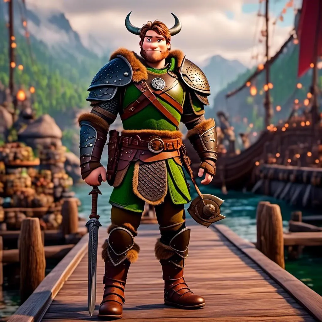 Prompt: <mymodel>Male viking warrior, thin and light muscle build, standing on the viking docks, there is a green dragon next to him, short brown hair, green eyes, green armor, brown gear, brown pants, brown boots, historical, strong and natural lighting