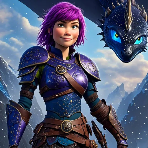 Prompt: a photo of <mymodel>, a caucasian viking female with purple hair and purple gear and armor with bursts of blue textures