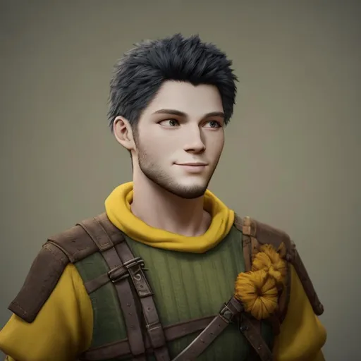 Prompt: Digital art, 22-year-old viking man, viking gear, black hair, short black stubble beard, subtle smile, hazel eyes, yellow viking gear, adventurer, unreal engine 8k octane, 3d lighting