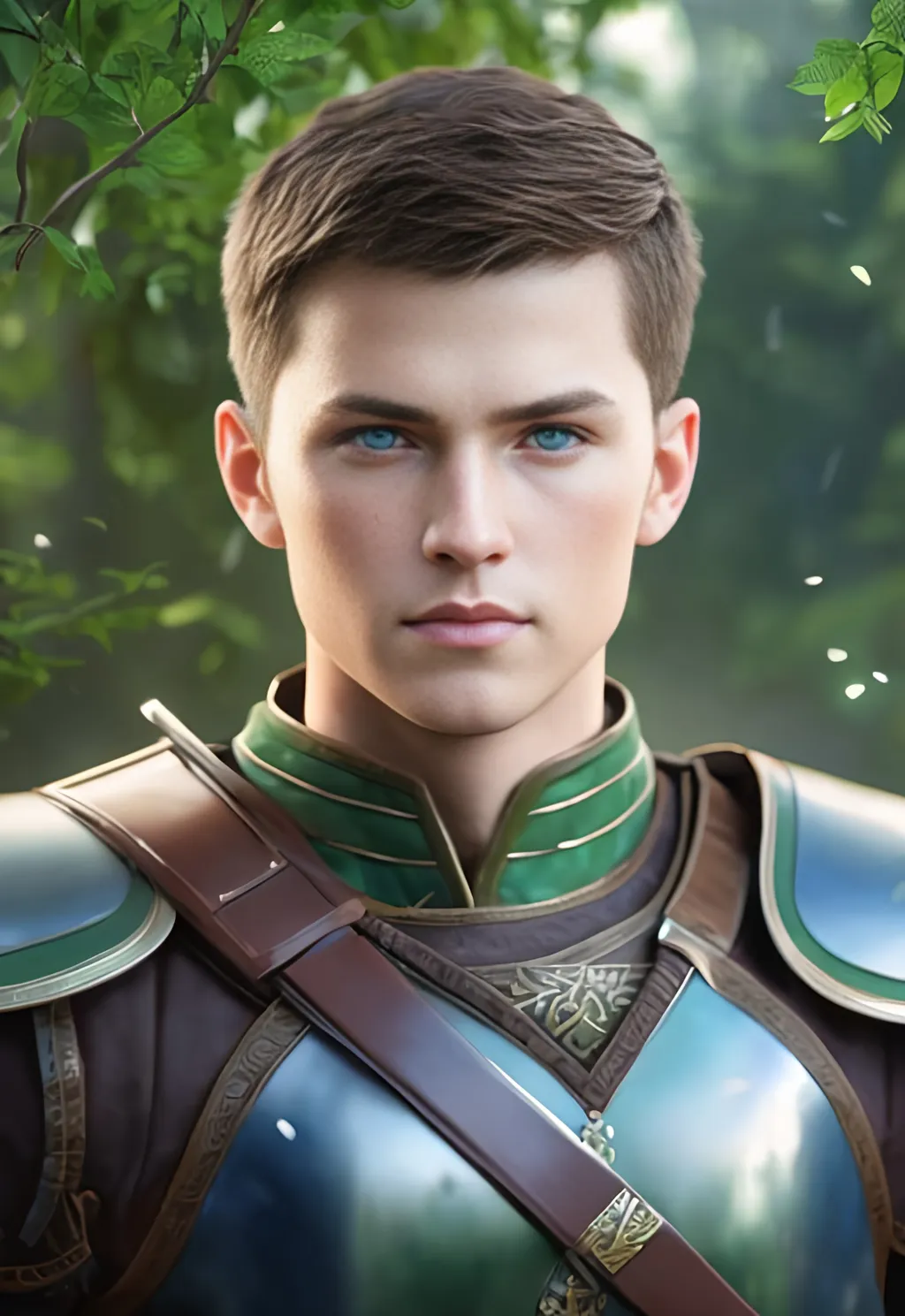 Prompt: he has short brown hair, create most handsome fictional male viking warrior, short brown hair, light green eyes, extremely detailed environment, detailed background, intricate, detailed skin, professionally color graded, photorealism, 16k, moody lighting