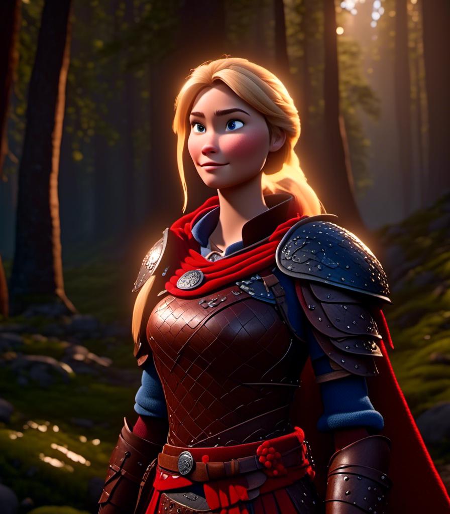 Prompt: <mymodel>CGI Animation, digital art, 20-year-old-old viking woman with light blue eyes standing in a dimly lit forest, blue clothes, red colored armor, blonde straight hair, subtle smile, unreal engine 8k octane, 3d lighting, full armor