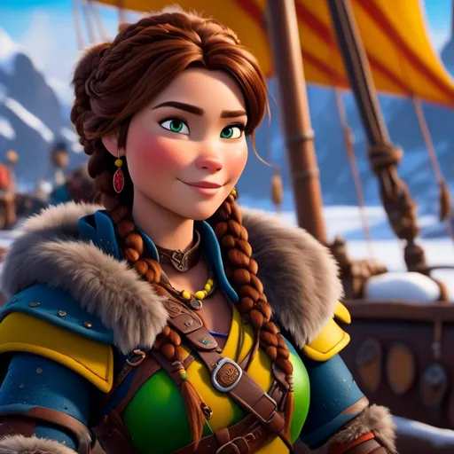 Prompt: <mymodel>CGI Animation, close-up portrait of the face, 20-year-old-old pirate woman sitting on a snow bank, a snowy scene, {{yellow gear, blue armor}}, brunette hair, dreadlocks, subtle smile, beads hair, small red earrings, multiple braids, yellow gear, straight hair, green eyes, bracelets, rings on fingers, mercenary gear, unreal engine 8k octane, 3d lighting, close up camera shot on the face, full armor