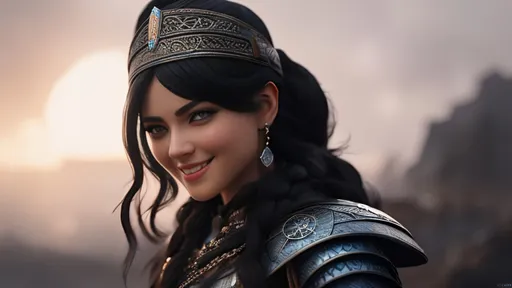 Prompt: she has black hair, create most beautiful fictional female viking warrior, hopeful smile, black hair, light blue eyes, extremely detailed environment, detailed background, intricate, detailed skin, professionally color graded, photorealism, 8k, moody lighting