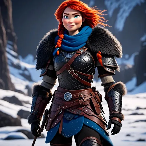 Prompt: <mymodel>CGi Animation, 25-year-old viking woman warrior with blue eyes, a snowy scene, the viking woman has a subtle smile, red hair, she has black gear, black armor, black textures, black pants, black boots