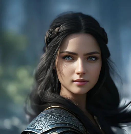 Prompt: she has black hair, create most beautiful fictional female viking princess warrior, subtle smile, black hair, light blue eyes, extremely detailed environment, detailed background, intricate, detailed skin, professionally color graded, photorealism, 8k, moody lighting