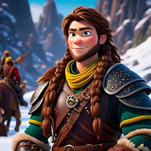 Prompt: <mymodel>CGI Animation, close-up portrait of the face, 20-year-old-old pirate man, sitting on a snow bank, a snowy scene, {{yellow gear, blue armor}}, brunette hair, dreadlocks, subtle smile, beads hair, small red earrings, multiple braids, yellow gear, straight hair, green eyes, bracelets, rings on fingers, mercenary gear, unreal engine 8k octane, 3d lighting, close up camera shot on the face, full armor