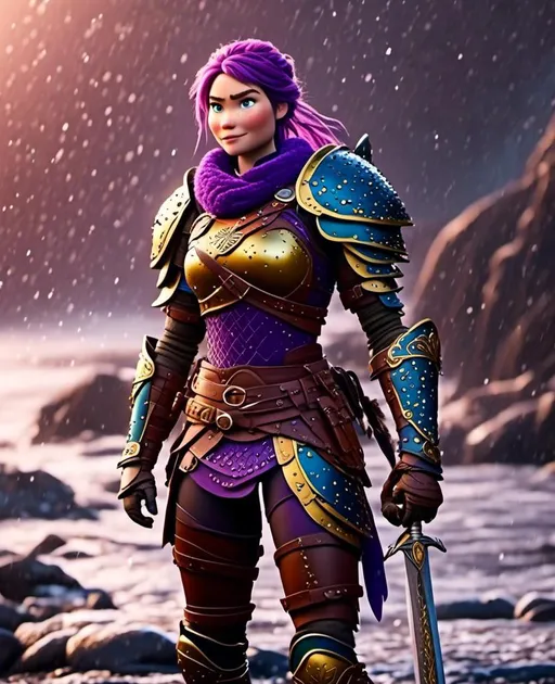 Prompt: Photo of <mymodel> standing in a heavy rain, viking warrior, {{((light blue eyes))}}, purple hair, single braid down her shoulder, purple gear, gold armor, purple pants, gold boots, full body shot