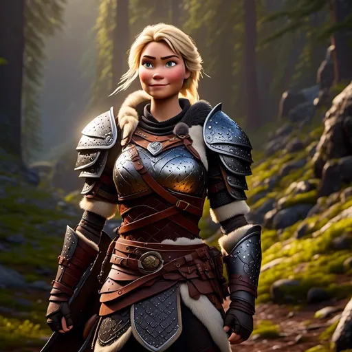 Prompt: digital CGI art of <mymodel>, 27-year-old modest Young woman viking, white gear, she has two iron frying pans to use as weapons while she stands in the forest, blonde hair, Quite well-built and lean muscled, green gold eyes, assassin's creed Valhalla armor, very short curly blonde hair