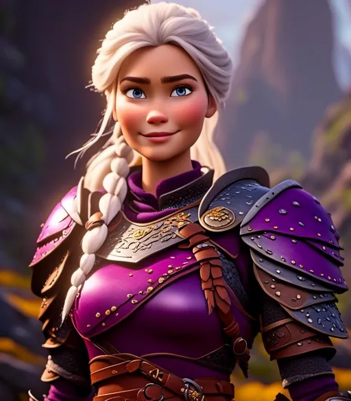 Prompt: <mymodel>CGI Animation, digital art, 20-year-old-old viking woman with light blue eyes, purple clothes, gold colored armor, white hair, single braid down her shoulder with a tiara, subtle smile, unreal engine 8k octane, 3d lighting, close up camera shot on the face, full armor
