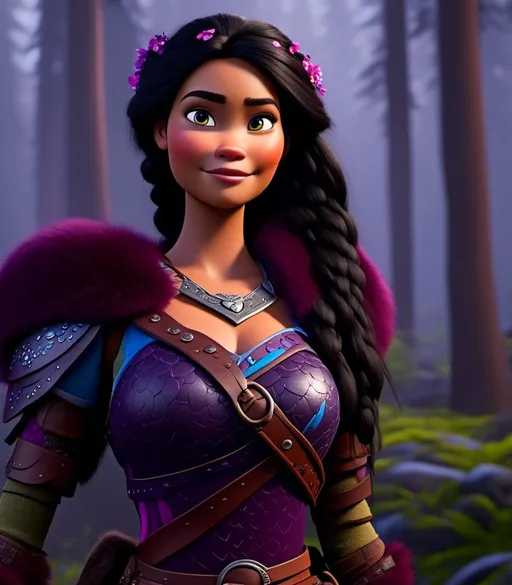 Prompt: <mymodel>CGI Animation, digital art, 20-year-old-old viking woman of royalty standing in a dimly lit forest with fog, light blue eyes, {{black gear, purple armor}}, black hair, single braid down her shoulder with a tiara, subtle smile, unreal engine 8k octane, 3d lighting, close up camera shot on the face, full armor