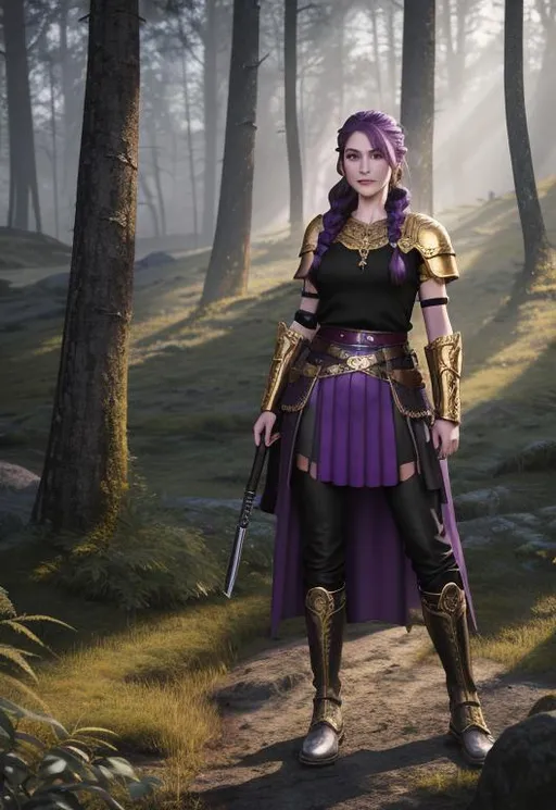 Prompt: Digital art, 20-year-old woman viking, standing in a viking forest, vibrant colors, subtle smile, dark purple hair, one hair braid down her shoulder, light blue eyes, black gear, black pants, gold armor, silver dragon scale plated skirt, purple boots, 3d lighting, full body, full armor