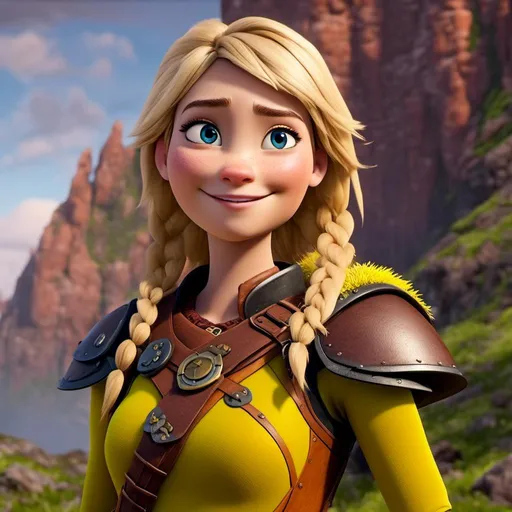 Prompt: <mymodel>CGi Animation, 20-year-old viking woman with one hair braid, subtle smile, blonde hair, blue eyes, green gear, green armor, yellow clothes, yellow textures and highlights, unreal engine 8k octane, 3d lighting, full body, full armor