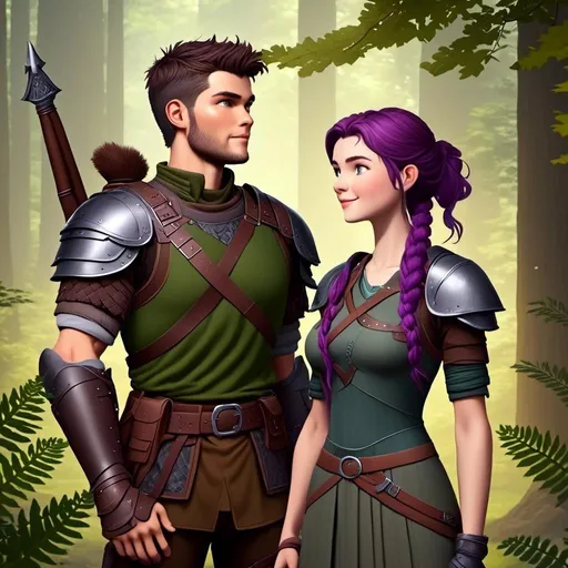 Prompt: <mymodel>Photo of  standing in the forest with his wife Annabeth  who is slightly shorter and has purple hair with a single hair braid down her shoulder