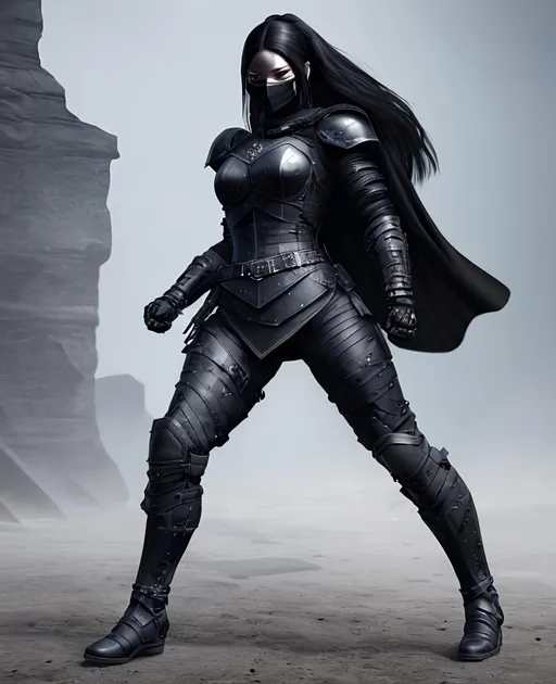 Prompt: Digital Art, a sinister viking woman, black armor, black gear, a black helmet fully covering her face, with a black ponytail coming from the helmet, a black cape, black bracers, black pants, black boots, unreal engine 8k octane, 3d lightning