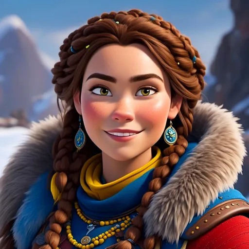 Prompt: <mymodel>CGI Animation, close-up portrait of the face, 20-year-old-old pirate woman sitting on a snow bank, a snowy scene, {{yellow gear, blue armor}}, brunette hair, dreadlocks with a faded buzz cut on the side of the head, subtle smile, beads hair, small red earrings, multiple braids, yellow gear, straight hair, green eyes, bracelets, rings on fingers, mercenary gear, unreal engine 8k octane, 3d lighting, close up camera shot on the face, full armor
