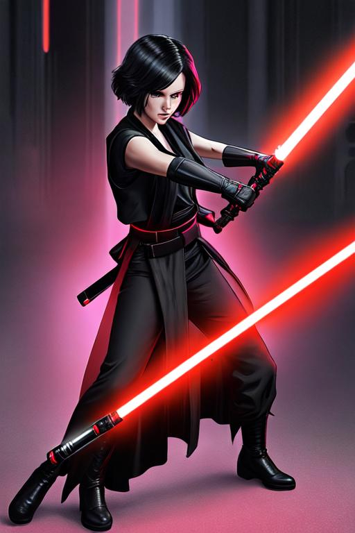 Prompt: A woman sith lord, black short-length hair, black short sleeve shirt, black vest past the waist, black belt, black pants, black boots, two lightsabers one red one light pink